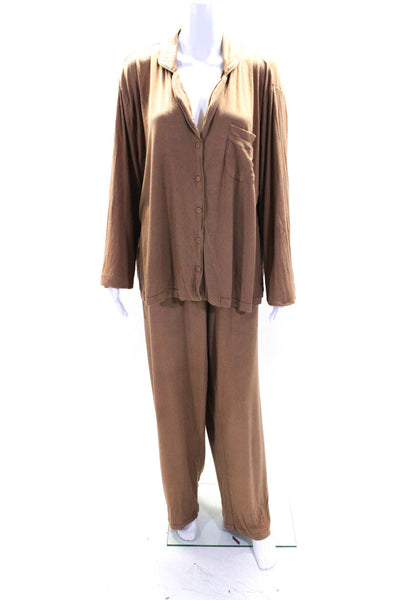 Skims Womens Ribbed Long Sleeves Button Down Pant Pajama Set Brown Size 2X