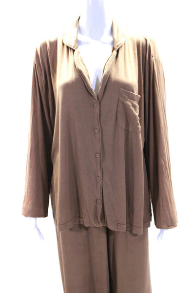 Skims Womens Ribbed Long Sleeves Button Down Pant Pajama Set Brown Size 2X