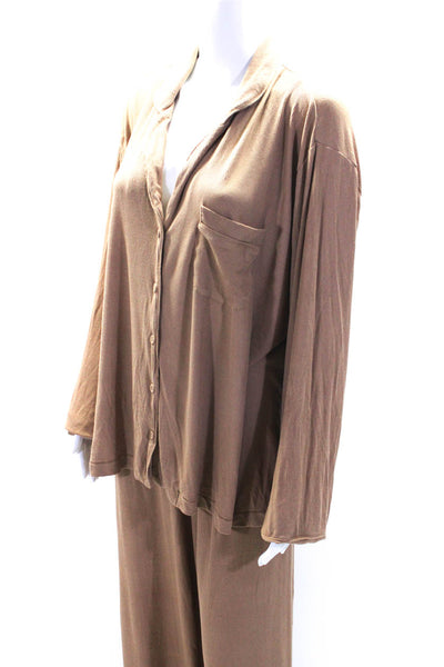 Skims Womens Ribbed Long Sleeves Button Down Pant Pajama Set Brown Size 2X