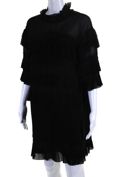 IRO Womens Short Sleeve High Neck Pleated Lace Trim Shift Dress Black Size 34