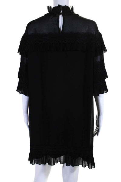 IRO Womens Short Sleeve High Neck Pleated Lace Trim Shift Dress Black Size 34