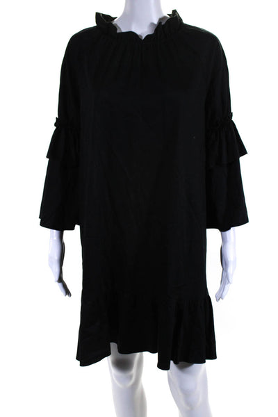 Cynthia Rowley Womens Cotton Long Sleeve Ruffle Trim Shift Dress Black Size S