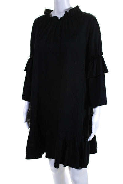 Cynthia Rowley Womens Cotton Long Sleeve Ruffle Trim Shift Dress Black Size S