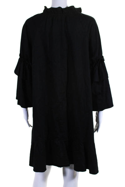 Cynthia Rowley Womens Cotton Long Sleeve Ruffle Trim Shift Dress Black Size S