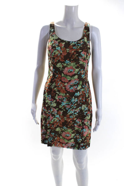 Luca Luca Womens Brown Silk Floral Scoop Neck Sleeveless Shift Dress Size 42