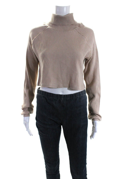 The Range Womens Cotton Long Sleeve Cropped Turtleneck Top Beige Size S