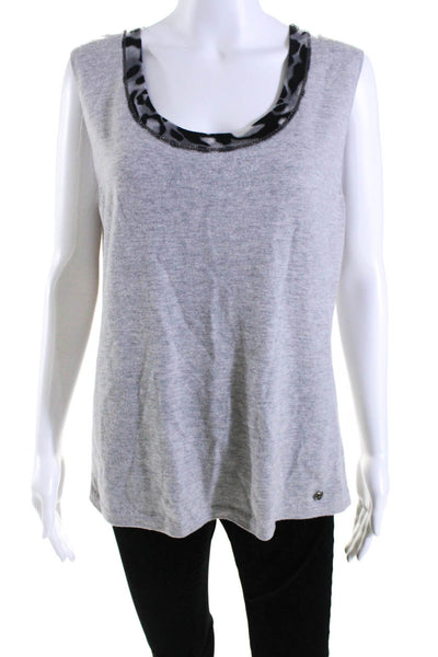 Escada Womens Wool Animal Print Round Neck Sleeveless Tank Top Gray Size L