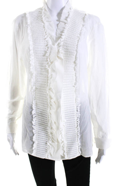 Escada Womens Cotton Smocked Ruffled Button Long Sleeve Blouse White Size EUR44