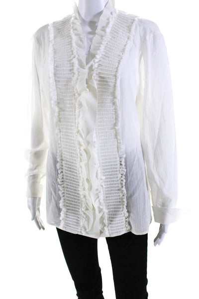 Escada Womens Cotton Smocked Ruffled Button Long Sleeve Blouse White Size EUR44