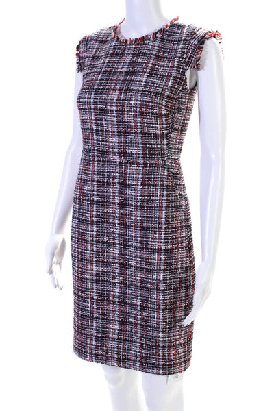 J Crew Womens Tweed Short Cap Sleeves Sheath Dress Navy Blue Red Size Petite