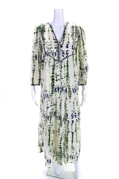 Ba&Sh Womens Cream Green Printed V-Neck 3/4 Sleeve A-Line Tiered Dress Size 1