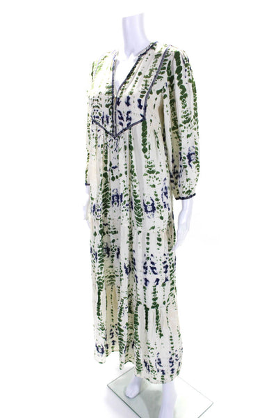 Ba&Sh Womens Cream Green Printed V-Neck 3/4 Sleeve A-Line Tiered Dress Size 1