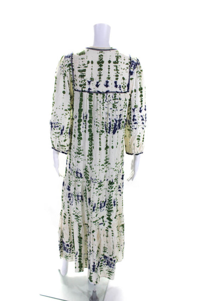 Ba&Sh Womens Cream Green Printed V-Neck 3/4 Sleeve A-Line Tiered Dress Size 1