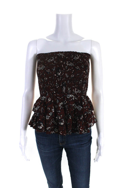 Isabel Marant Etoile Womens Red Floral Smocked Strapless Blouse Top Size 36