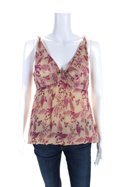 Theory Womens Silk Crepe Floral Print Twist Front V-Neck Blouse Beige Size S