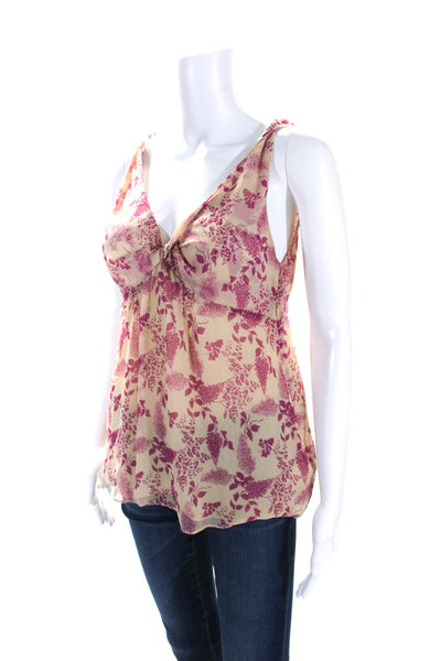 Theory Womens Silk Crepe Floral Print Twist Front V-Neck Blouse Beige Size S