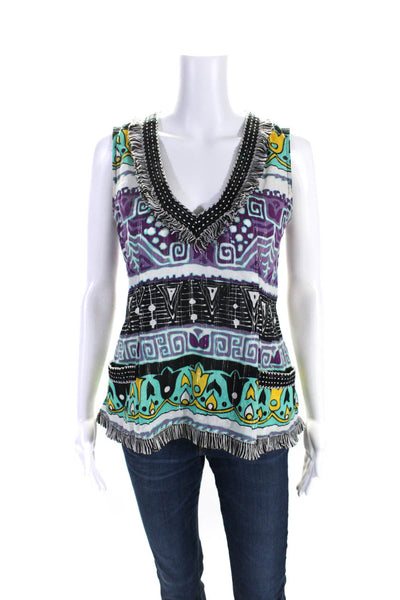 Nanette Lepore Womens Cotton Abstract Print V-Neck Tank Blouse Multicolor Size 4