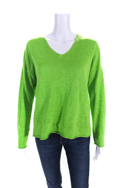 Eileen Fisher Womens Knit Split Hem Long Sleeve V-Neck Shirt Lime Green Size XS