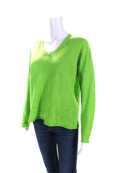 Eileen Fisher Womens Knit Split Hem Long Sleeve V-Neck Shirt Lime Green Size XS