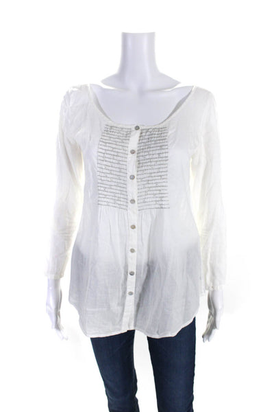 Eileen Fisher Womens Cotton Boat Neck Long Sleeve Button Down Top White Size XS