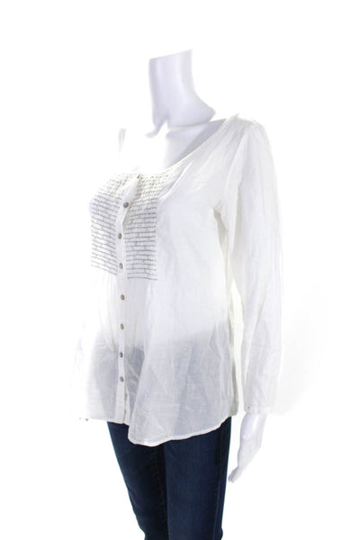 Eileen Fisher Womens Cotton Boat Neck Long Sleeve Button Down Top White Size XS