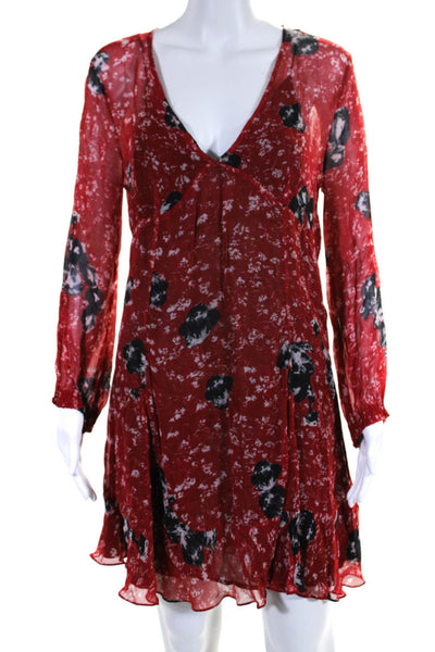 IRO Womens Abstract Print Long Sleeve V Neck A Line Dress Red Size 38