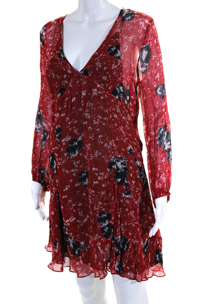 IRO Womens Abstract Print Long Sleeve V Neck A Line Dress Red Size 38