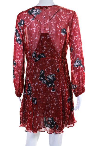 IRO Womens Abstract Print Long Sleeve V Neck A Line Dress Red Size 38