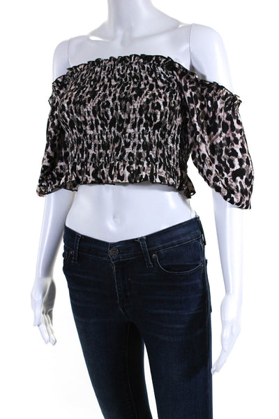 Red Carter Womens Leopard Print Smocked Off Shoulder Blouse Beige Size M