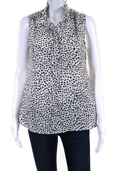 Joie Womens White Leopard Print Ruffle Crew Neck Sleeveless Blouse Top Size 6