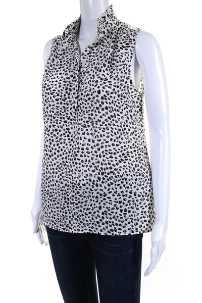 Joie Womens White Leopard Print Ruffle Crew Neck Sleeveless Blouse Top Size 6