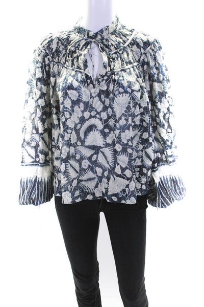 Ulla Johnson Womens Silk Floral Print Long Sleeves Blouse Navy Blue White Size 2