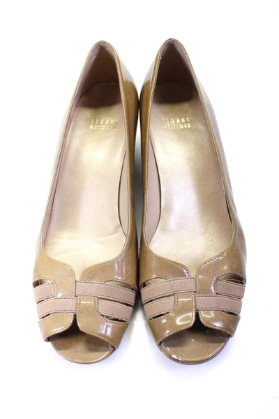 Stuart Weitzman Womens Patent Leather Open Toe Pumps Tan Brown Size 10 Narrow