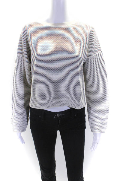 Theory Women's Round Neck Long Sleeves Pullover Sweater White Black Stripe Size