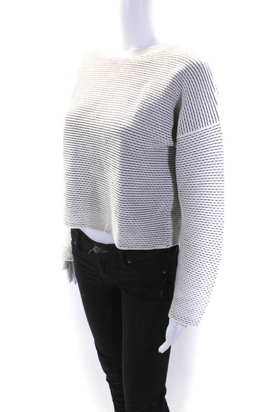 Theory Women's Round Neck Long Sleeves Pullover Sweater White Black Stripe Size