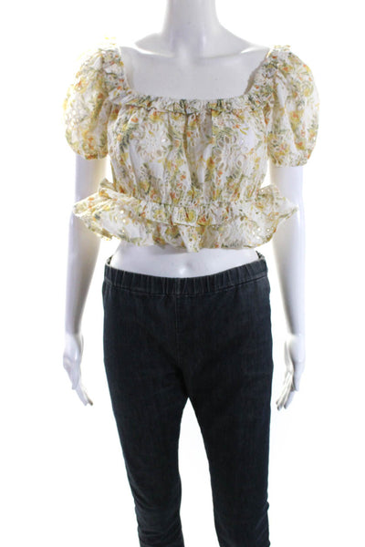 En Saison Womens Yellow Eyelet Floral Off Shoulder Short Sleeve Crop Top Size S