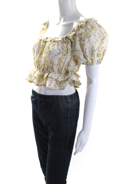 En Saison Womens Yellow Eyelet Floral Off Shoulder Short Sleeve Crop Top Size S