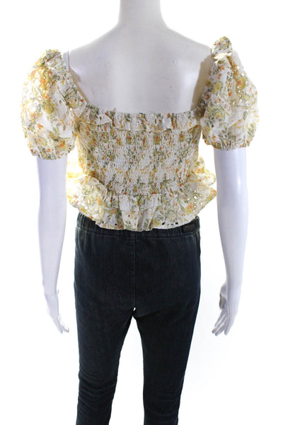 En Saison Womens Yellow Eyelet Floral Off Shoulder Short Sleeve Crop Top Size S