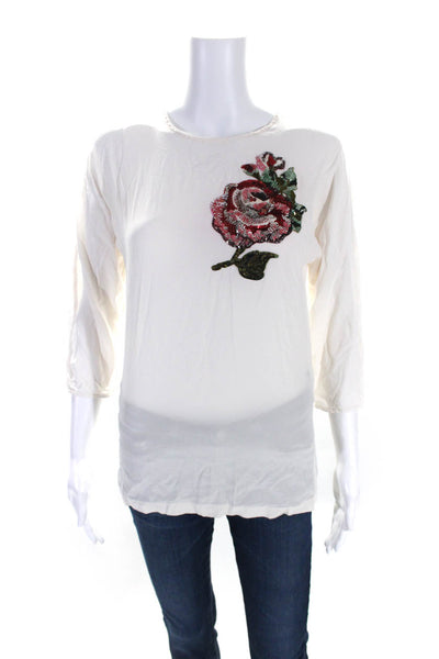 Dolce & Gabbana Womens Silk Long Sleeve Sequin Embroidered Blouse White Size 36