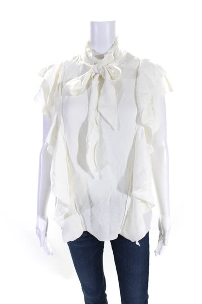 Lanvin Womens Mock Neck Tie Collar Short Sleeve Ruffle Blouse White Size 40