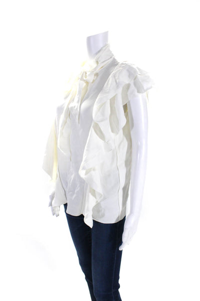 Lanvin Womens Mock Neck Tie Collar Short Sleeve Ruffle Blouse White Size 40