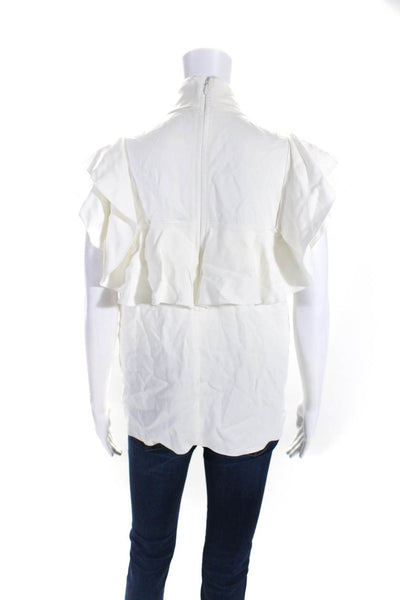 Lanvin Womens Mock Neck Tie Collar Short Sleeve Ruffle Blouse White Size 40