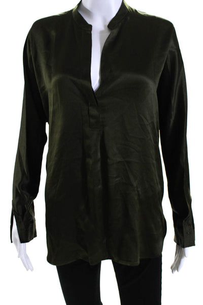 Vince Womens Silk Charmeuse Long Sleeve Split Hem Tunic Blouse Dark Green Size M