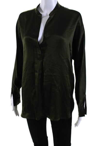 Vince Womens Silk Charmeuse Long Sleeve Split Hem Tunic Blouse Dark Green Size M