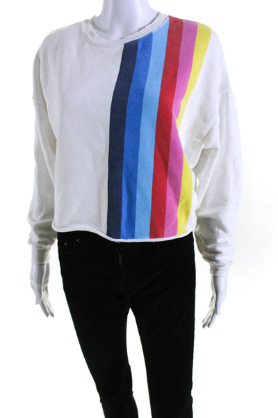 Re/Done Womens Cotton Striped Crewneck Cropped Sweatshirt White Size XS