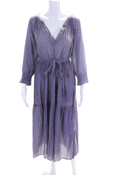 Xirena Womens Cotton Abstract Print V Neck Long Sleeve Maxi Dress Purple Size M