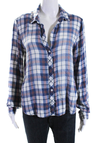 Bella Dahl Womens Plaid Print Collared Long Sleeve Buttoned Top Blue Size M