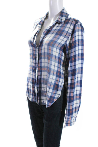 Bella Dahl Womens Plaid Print Collared Long Sleeve Buttoned Top Blue Size M