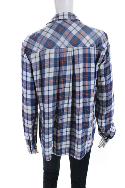 Bella Dahl Womens Plaid Print Collared Long Sleeve Buttoned Top Blue Size M