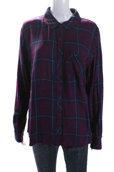 Rails Womens Plaid Print Collared Long Sleeve Buttoned Casual Top Purple Size L